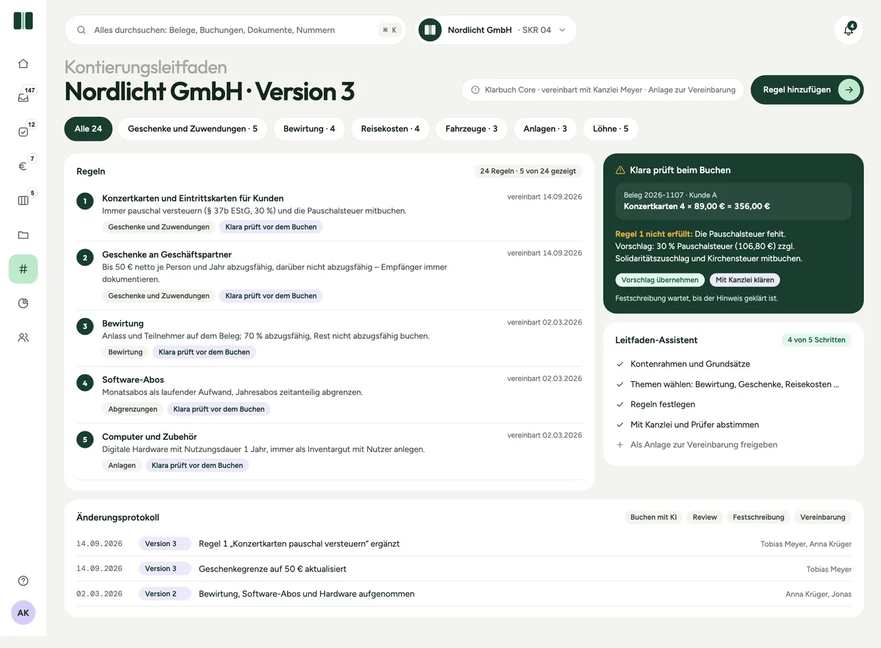 Kontierungsleitfaden der Nordlicht GmbH, Version 3: Regeln nach Themen, Klara prüft beim Buchen, Leitfaden-Assistent und Änderungsprotokoll