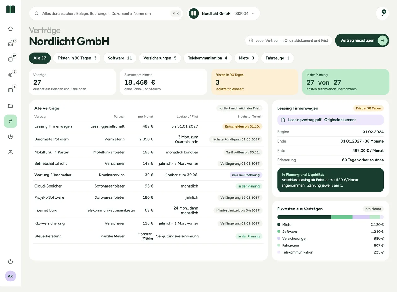 Klarbuch Verträge: alle Verträge mit Fristen, Leasing-Detail mit Originaldokument und Fixkosten nach Kategorie