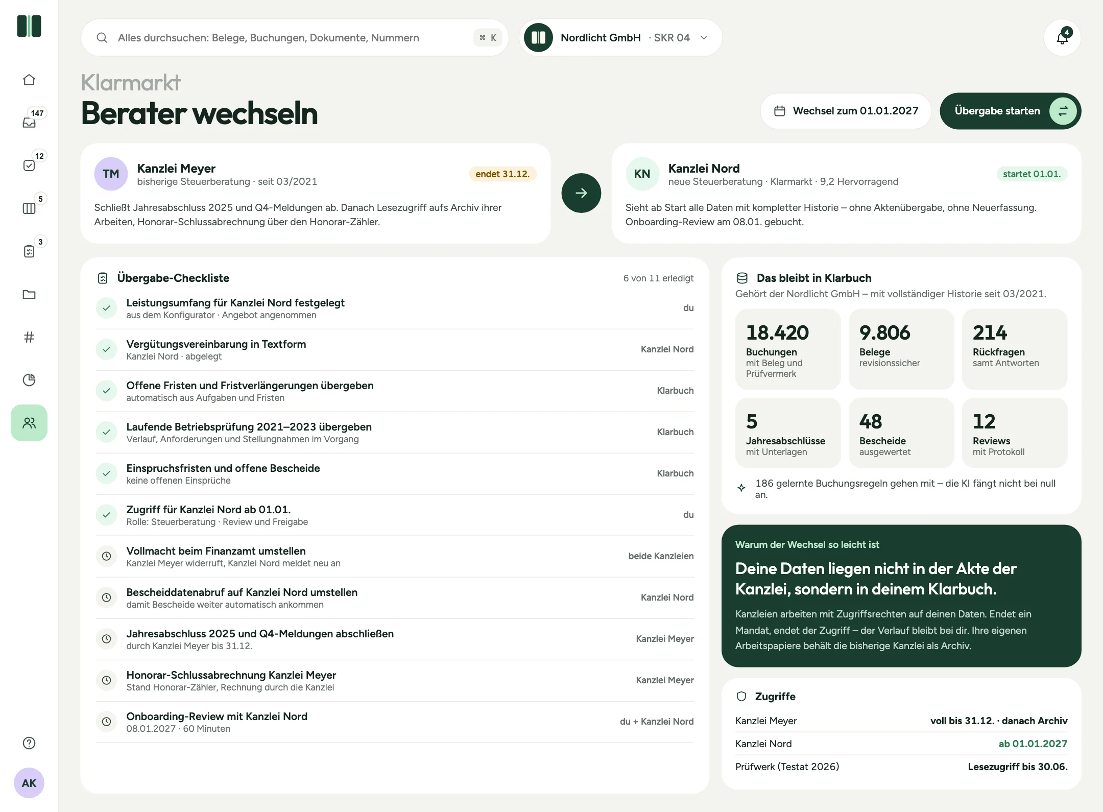 Klarbuch Berater wechseln: Übergabe-Checkliste, Klarpool mit Historie und Zugriffe